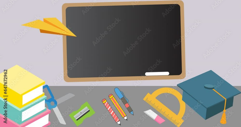 Animation of school items icons moving on gray background