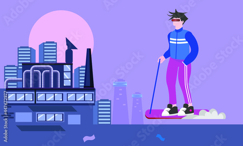 Teenager in a retro futuristic 1980's style outfit riding on a hover board through the cyberpunk industrial area in the night. Vintage sci fi flat character. Vector Illustration