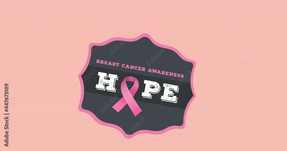 Animation of pink ribbon logo and breast cancer text appearing on pink background