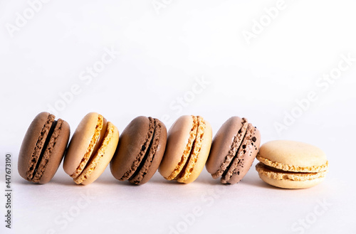 Makaron on white  background from above, almond cookies, pastel colors