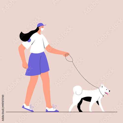 A young female character in medical face mask walking with their dog. Urban lifestyle after quarantine. New normal. Vector illustration in flat style on isolated background. Eps 10.