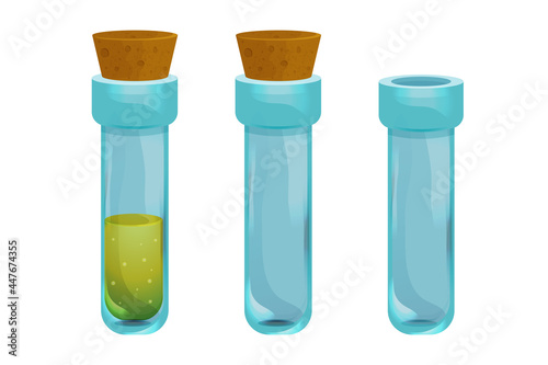 Set Magic Bottle with liquid potion elixir, empty glass lab game icon in cartoon style isolated on white background. Jar, spooky wizard, alchemy asset