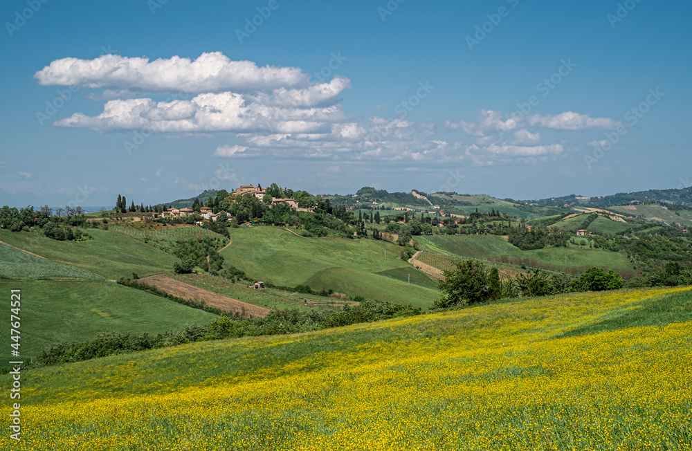 The cultivated hills around Castello di Serravalle - Castle of Serravalle in springtime. Bologna province, Emilia and Romagna, Italy
