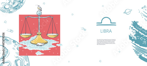 Libra. Zodiac sign. Scales among the clouds. Astrology. Graphics. Freehand drawing