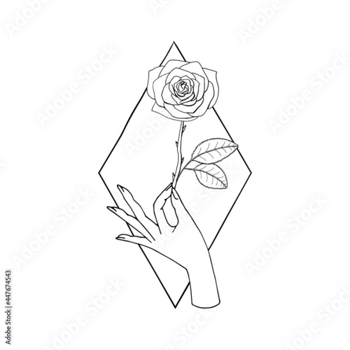 Vintage Mystic Hand holding rose flower drawing on diamond shape background.