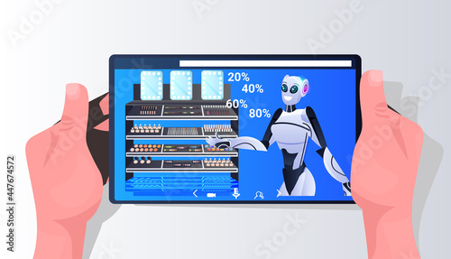 robots showing cosmetology items on smartphone screen artificial intelligence technology concept