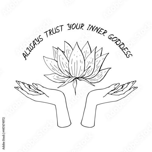 Vintage Gold and Black Mystic Hands holding lotus flower with lettering Always Trust Your Inner Goddess illustration
