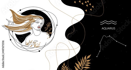 Zodiac background. Aquarius constellation. The element of air. Horizontal banner.
