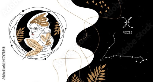 Zodiac background. Pisces constellation. The element of water. Horizontal banner.