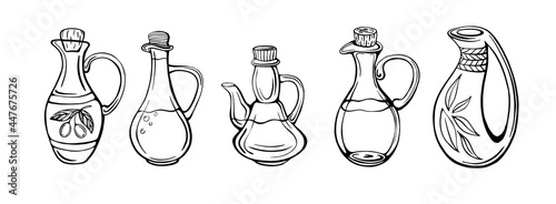 A hand-drawn set of olive oil bottles isolated on a white background. Olive pitchers. Extra virgin oil. Vintage style. Vector illustration in Doodle style