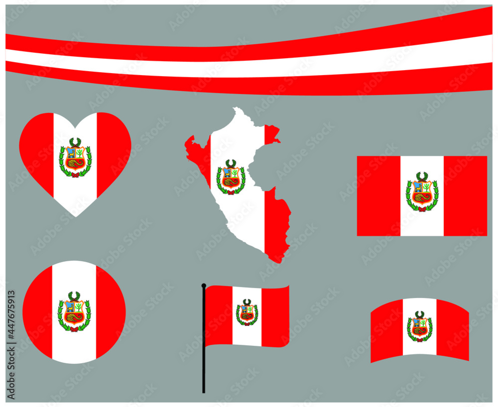 Peru Flag Map Ribbon And Heart Icons Vector Illustration Abstract National Emblem Design Elements collection