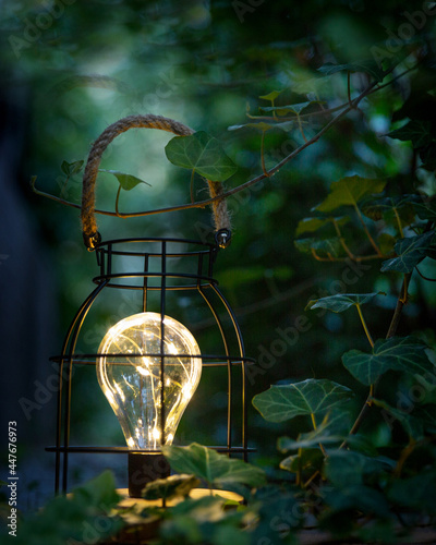 A decorative luminous lamp illuminates the foliage in the garden with a dim light at night. The warm atmosphere of the evening.