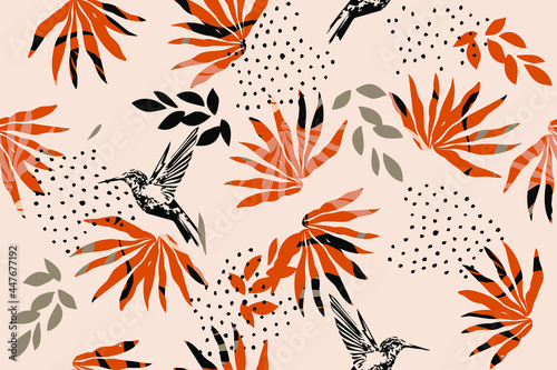 Tropical leaves. Dots.Exotic summer pattern. Creative seamless background. Fashion template for design, clothing, textiles, cards, wallpaper