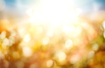 A golden sunny autumn thanksgiving sunset sky with a blurred field bokeh background.