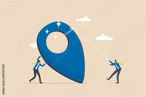 Company establishment, entrepreneurship start new business, create corporate pin in search engine map concept, businessman company founder building office pin making business contact address.