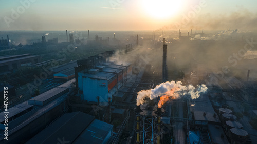 metallurgical plant heavy industry poor ecology top view smoke from chimneys smog