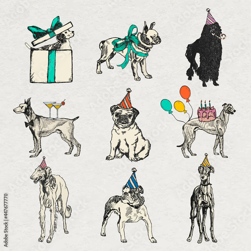 Vintage dog stickers vector in birthday theme set, remixed from artworks by Moriz Jung