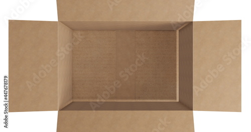 Overhead of empty brown cardboard box with lid opening on white background © vectorfusionart