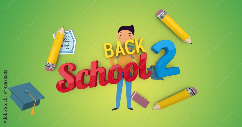 Image of back 2 school text over school items icons on green background Image of back 2 school text over school items icons on green background