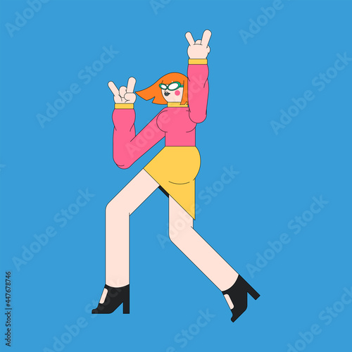 Young woman music fan character on blue background vector