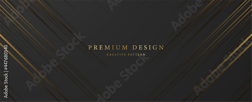 Premium background design with diagonal dynamic gold line pattern on black backdrop. Vector horizontal template for business banner, formal invitation, luxury voucher, prestigious gift certificate