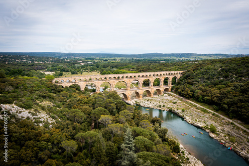 Roman aqueduct, Pont-du-Gard, Languedoc-Roussillon France, Aerial view