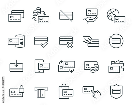 Credit Card Icons Set. Such as Card Payment, Money Transfer, Terminal, Wallet, Cash Withdrawal and Top-up and others. Editable vector stroke.