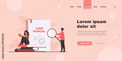 Tiny people with guide instructions or handbooks flat vector illustration. Cartoon characters reading user manual, guidebook or guidance. Help and book with instructions for use concept