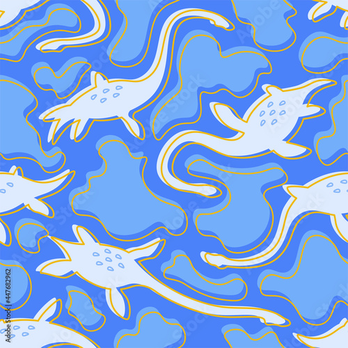 Abstract vector seamless pattern of dinosaurs and islands 
