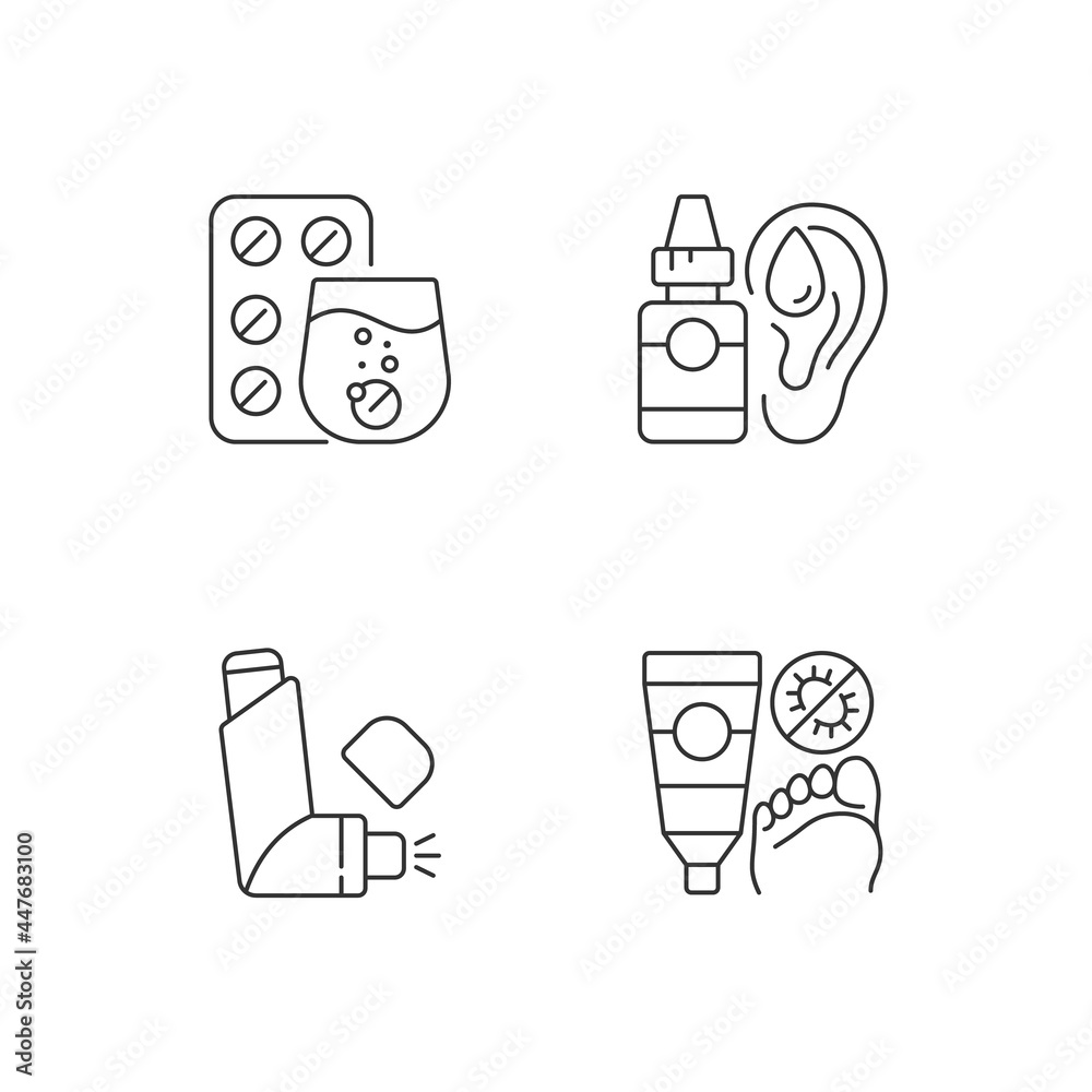 Improving disease symptoms linear icons set. Effervescent tablets