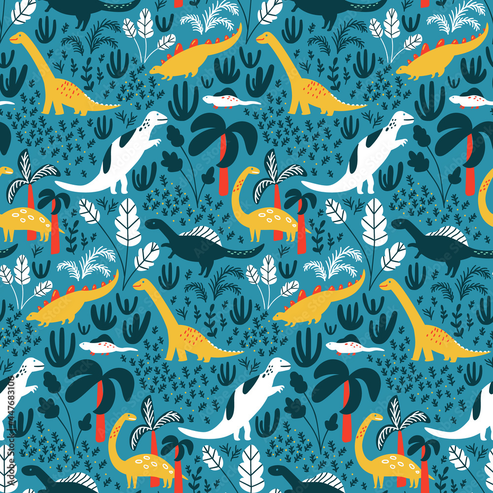 Dinosaur pattern for kids fabric or nursery wallpaper. Blue detailed background with jungle, palms and tropical leaves. White and green dinos on repeated vector tile.