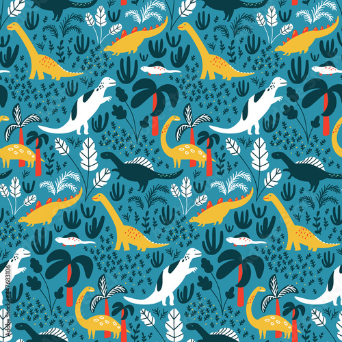 Dinosaur pattern for kids fabric or nursery wallpaper. Blue detailed background with jungle, palms and tropical leaves. White and green dinos on repeated vector tile.
