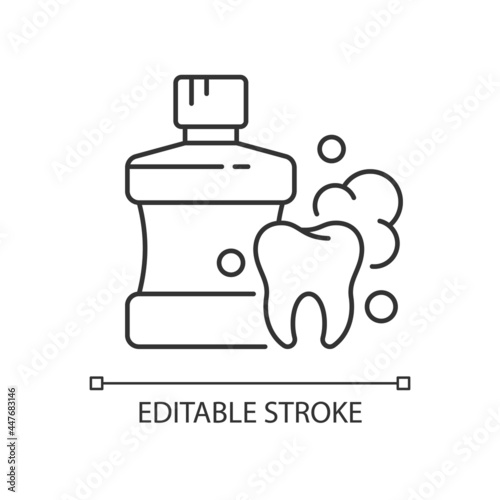 Mouthwash for teeth health linear icon. Oral rinse. Prevent teeth decay. Strengthen enamel. Thin line customizable illustration. Contour symbol. Vector isolated outline drawing. Editable stroke