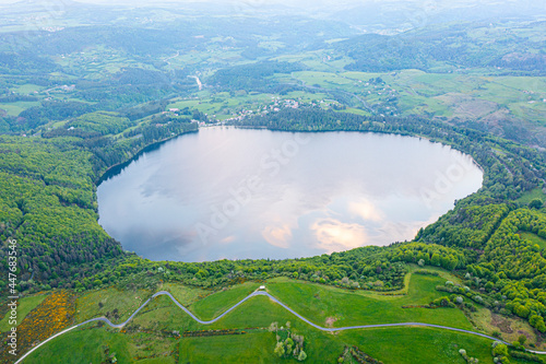 view of Lake Issarles with a motorhome in the foreground, Le Lac-d'Issarles, Ardeche, Auvergne-Rhône-Alpes, France photo