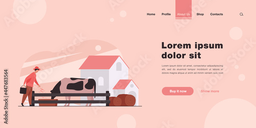 Farmer feeding cow with grass. Milk, cattle, breeding flat vector illustration. Livestock and animal farm concept for banner, website design or landing web page
