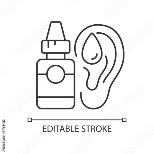 Ear drops linear icon. Earwax removing. Ear inflammations prevention. Reducing pain. Thin line customizable illustration. Contour symbol. Vector isolated outline drawing. Editable stroke