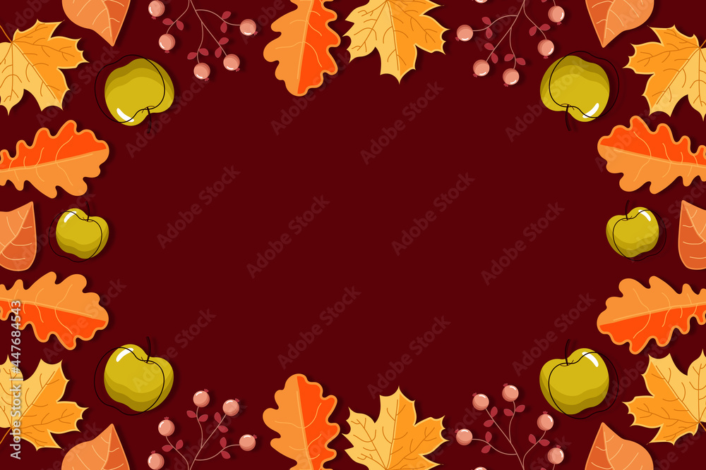 Autumn background with leaves, apples and berries. Can be used for shopping sale, promo poster, banner, flyer, invitation, website. Vector illustration Autumn background with leaves, apples and berries. Can be used for shopping sale, promo poster, banner, flyer, invitation, website. Vector illustration