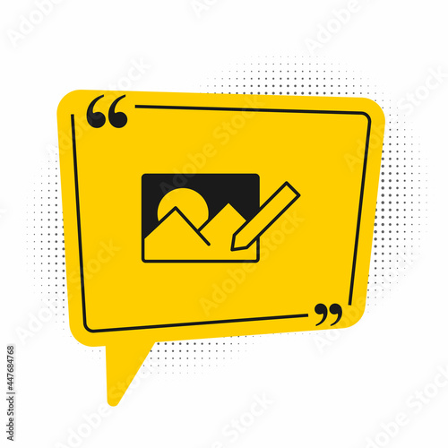 Black Photo retouching icon isolated on white background. Photographer, photography, retouch icon. Yellow speech bubble symbol. Vector