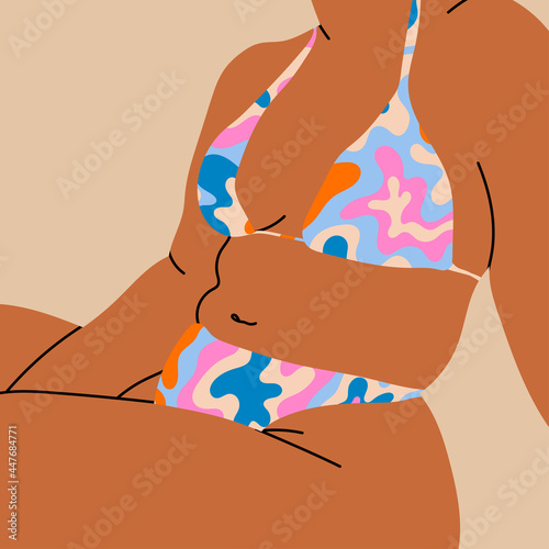 Plus size curvy Woman in bikini. Beach underwear. Love and accept any body type. Healthy body, Body positive, fat acceptance movement, lifestyle and fashion concept. Hand drawn Vector illustration