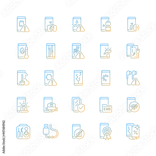 Smartphone repair gradient linear vector icons set. Mobile phone renovate. Different type device problems. Thin line contour symbols bundle. Isolated vector outline illustrations collection