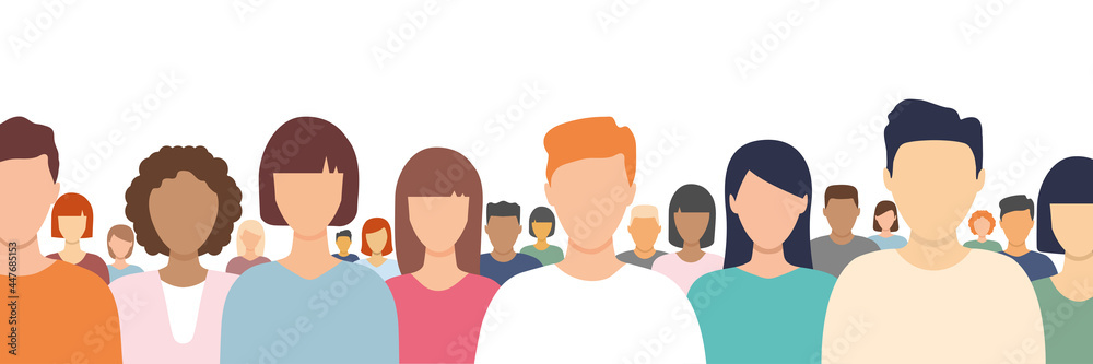 Obraz premium Multicultural businessman and businesswoman crowd. Diverse people group. Flat multinational people characters standing together. Human diversity portrait banner concept. Vector illustration isolated