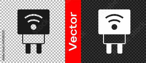 Black Smart electric plug system icon isolated on transparent background. Internet of things concept with wireless connection. Vector