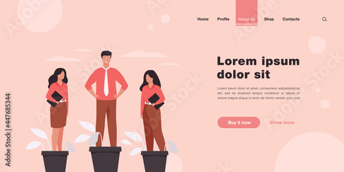 Employer growing business professionals metaphor. Hand watering plants and employees in flowerpots. Vector illustration for growth, development, career training concept