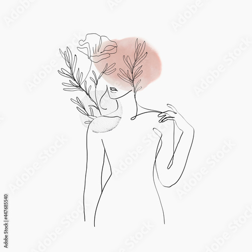 Woman&rsquo;s body line art vector floral pink pastel feminine illustration