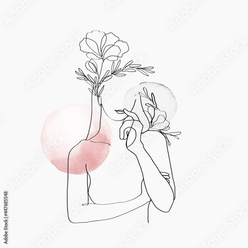 Woman's body line art vector floral pink pastel feminine illustration