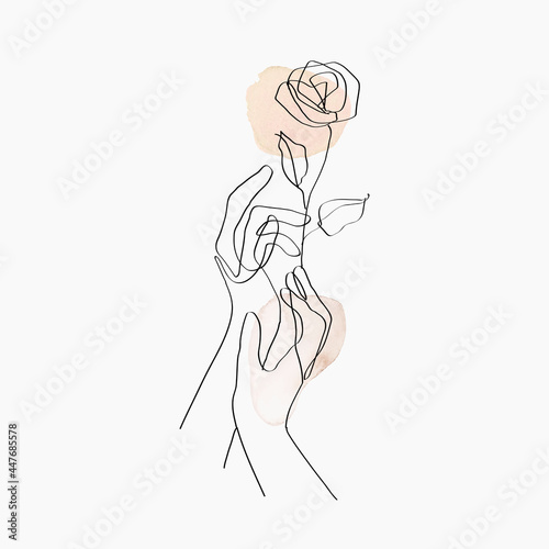 Minimal line art hands vector floral beige pastel aesthetic illustration