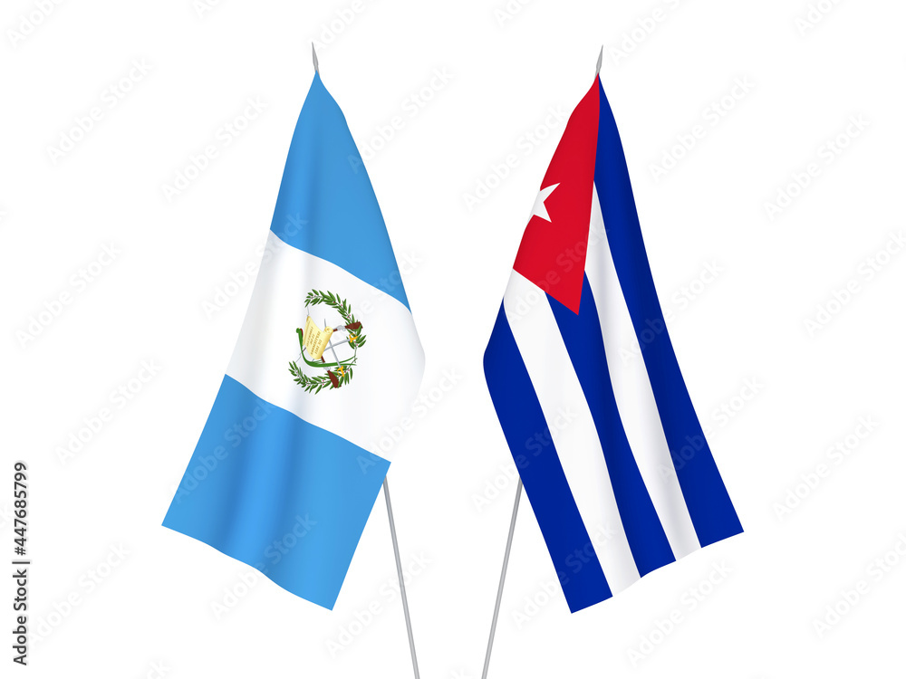National fabric flags of Cuba and Republic of Guatemala isolated on white background. 3d rendering illustration.