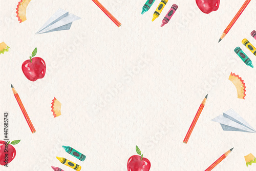 Education frame vector of school objects in watercolor