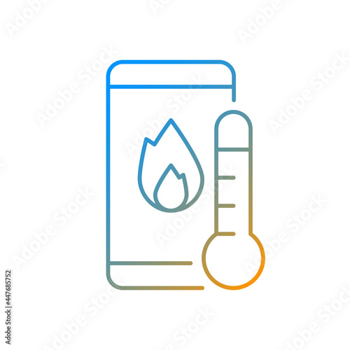 Phone overheating gradient linear vector icon. Mobile phone with fire on screen and thermometer. Hot battery. Thin line color symbols. Modern style pictogram. Vector isolated outline drawing