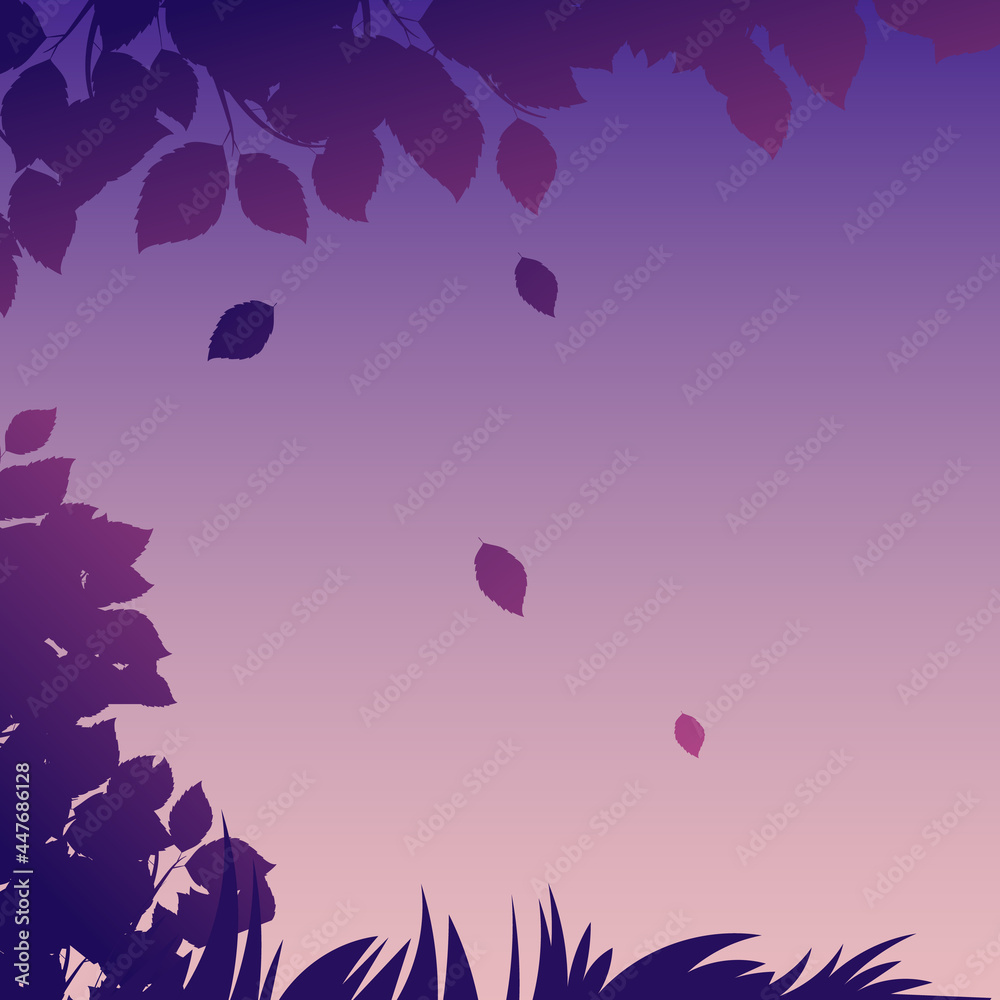 background with purple leaves. Vector background.Purple leaves in the evening sky